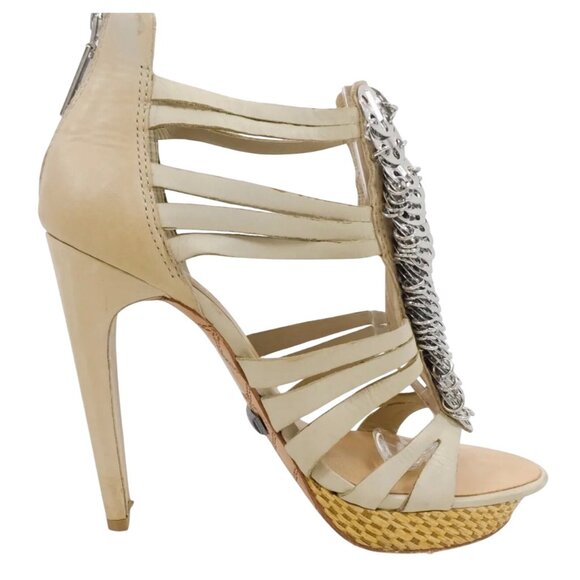 VTG RARE L.A.M.B. Leather Strappy Silver Coin Platform Sandals Heels | Mob Wife - Picture 5 of 15